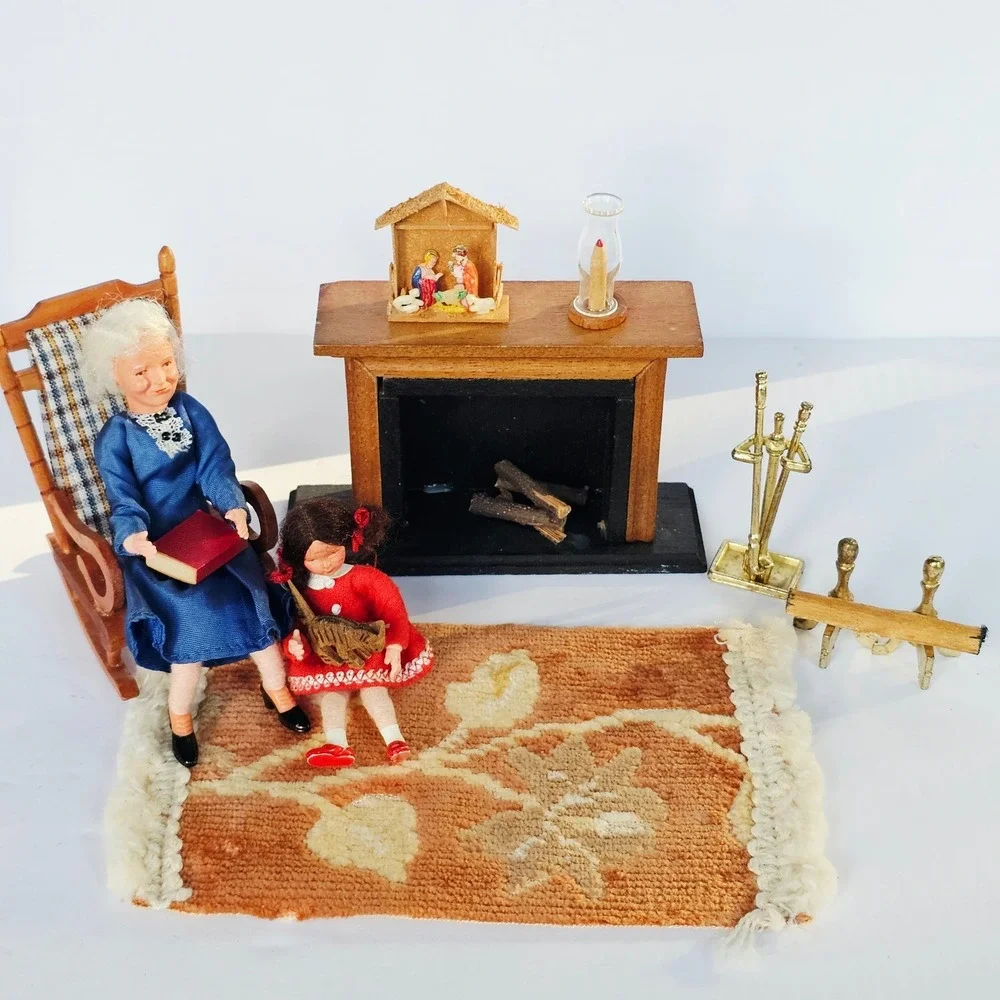 Vintage Dollhouse Christmas Accessories Nativity Fireplace Tools Rug Miniature